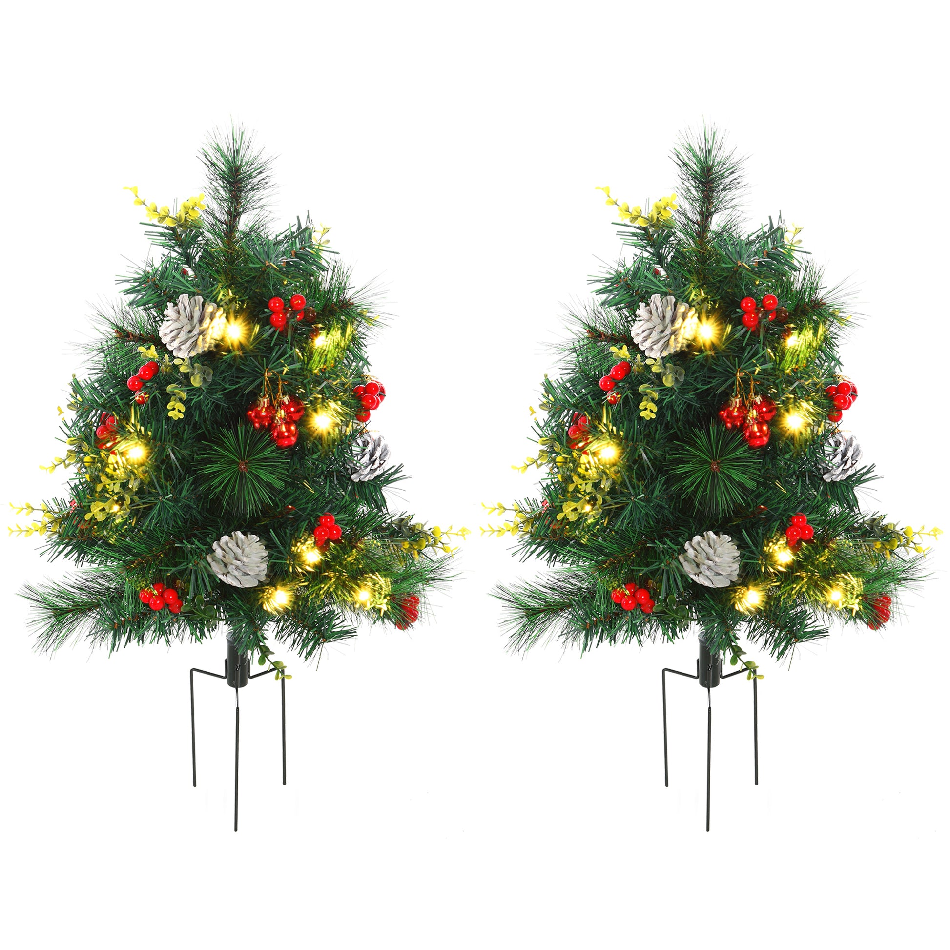 2.5ft 2 Pieces Prelit Artificial Christmas Tree with LED Light Mini Xmas Tree with Small Berry Pine Needles Pinecones De