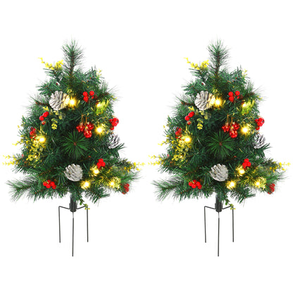 2.5ft 2 Pieces Prelit Artificial Christmas Tree with LED Light Mini Xmas Tree with Small Berry Pine Needles Pinecones De