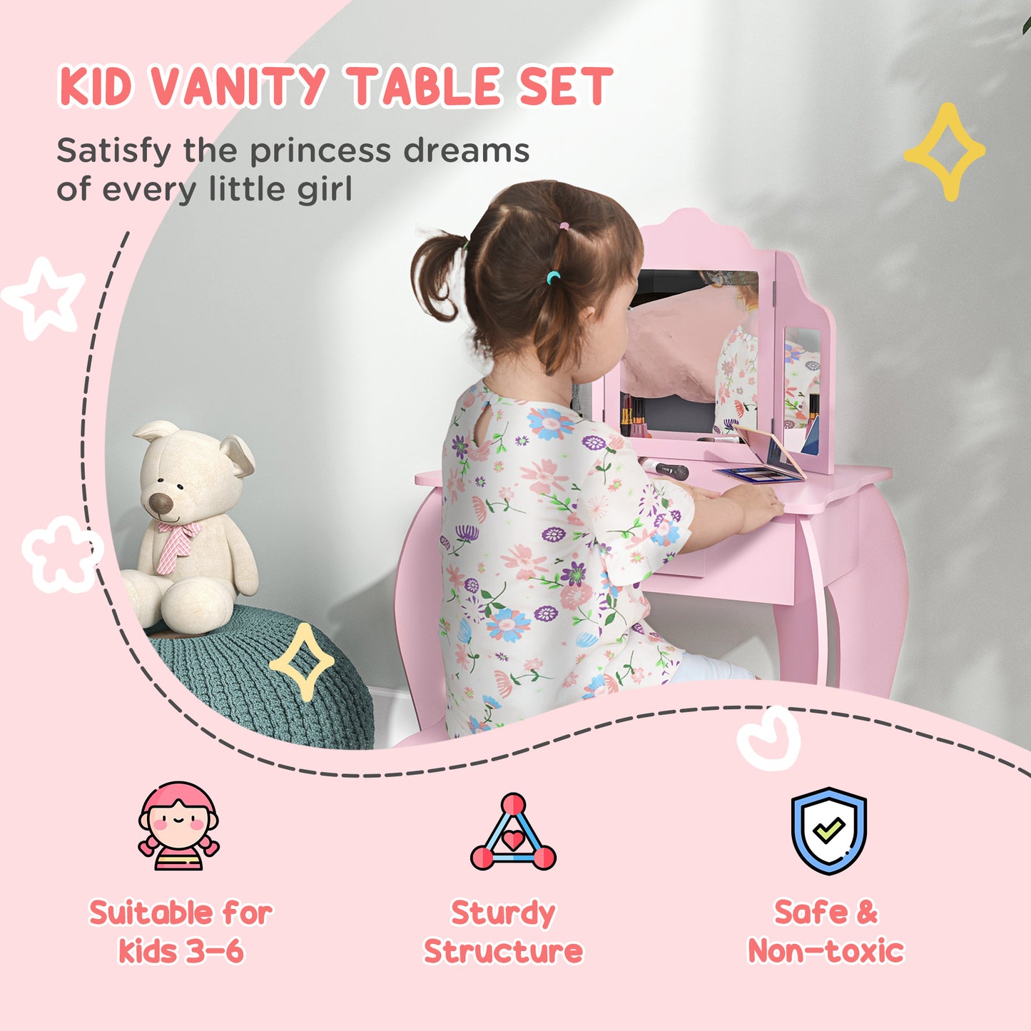 Qaba Kids Vanity Table and Stool, Makeup Vanity Girls Dressing Table Set with Tri-folding Mirrors Drawer Star and Heart 