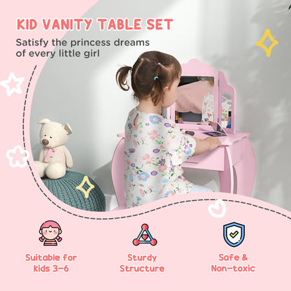 Qaba Kids Vanity Table and Stool, Makeup Vanity Girls Dressing Table Set with Tri-folding Mirrors Drawer Star and Heart 