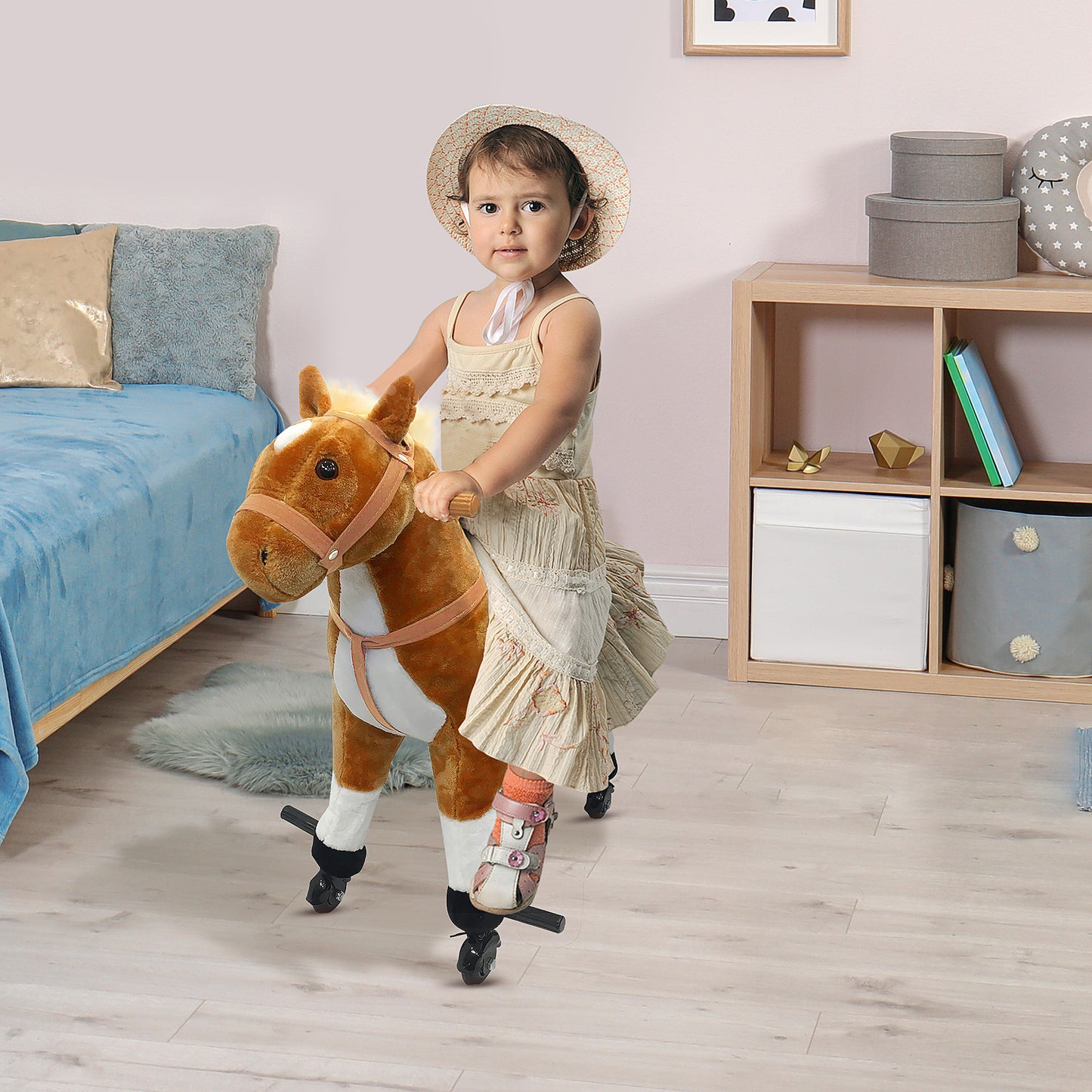 Qaba Kids Rocking Horse, Large Walking  Ride on Toy  for Toddlers 3 year old, Baby Plush Animal Rocker with Sound and Wh
