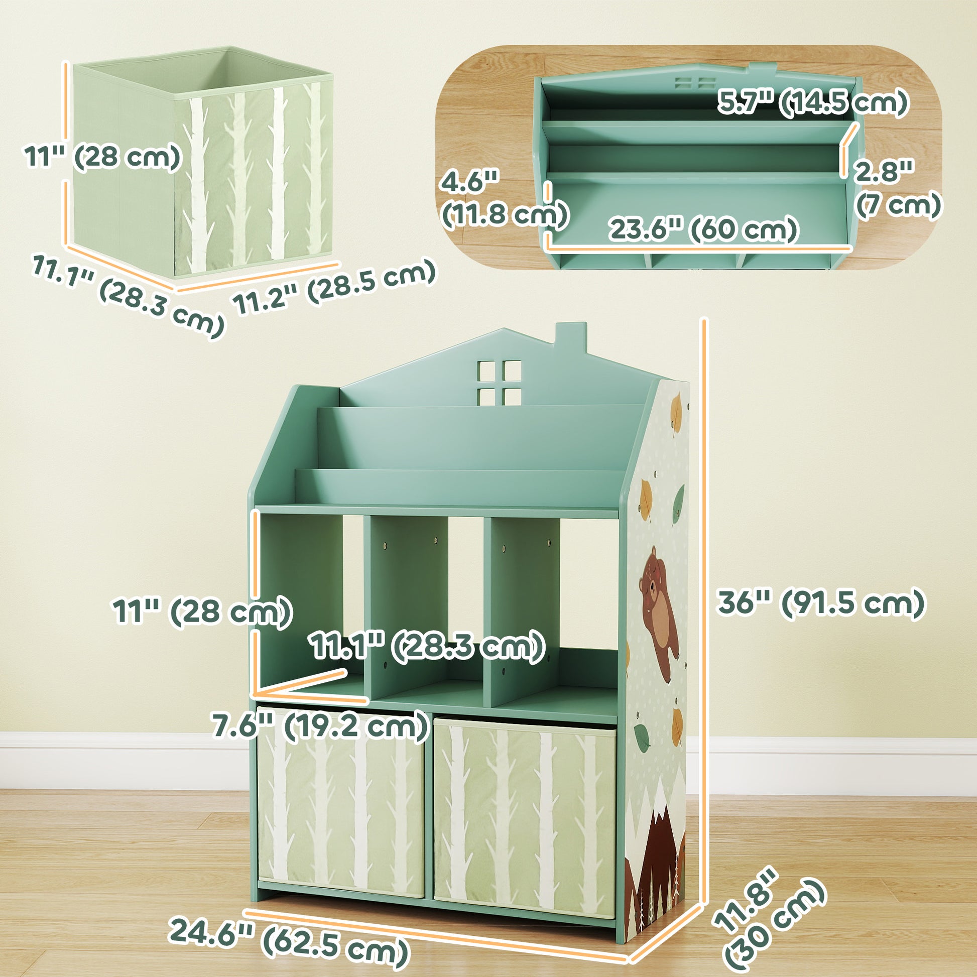 Qaba Kids Bookshelf with Storage, Toy Storage Unit with Book Display, Shelves and Fabric Drawers for Playroom Nursery, G