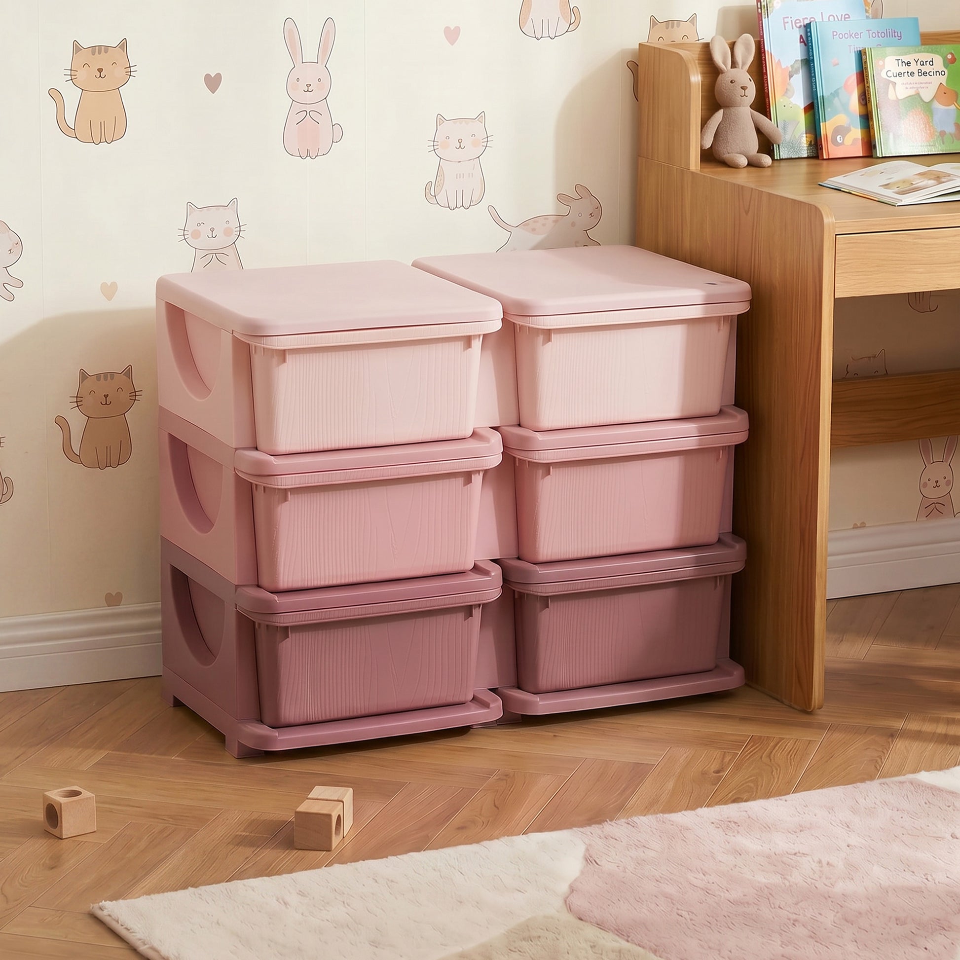 Qaba 3 Tier Kids Toy Organizer and Storage Bins with 6 Plastic Drawers, Pink