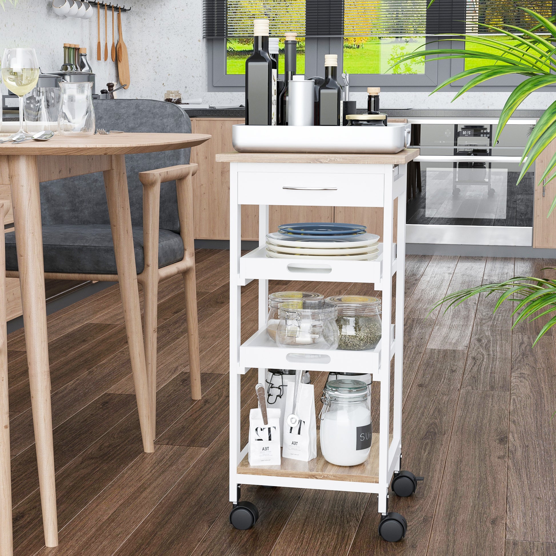 Bar Cart, 4-Tier Kitchen Cart with Removable Serving Tray, Kitchen Shelves on Wheels with Drawer for Dining Room, Living