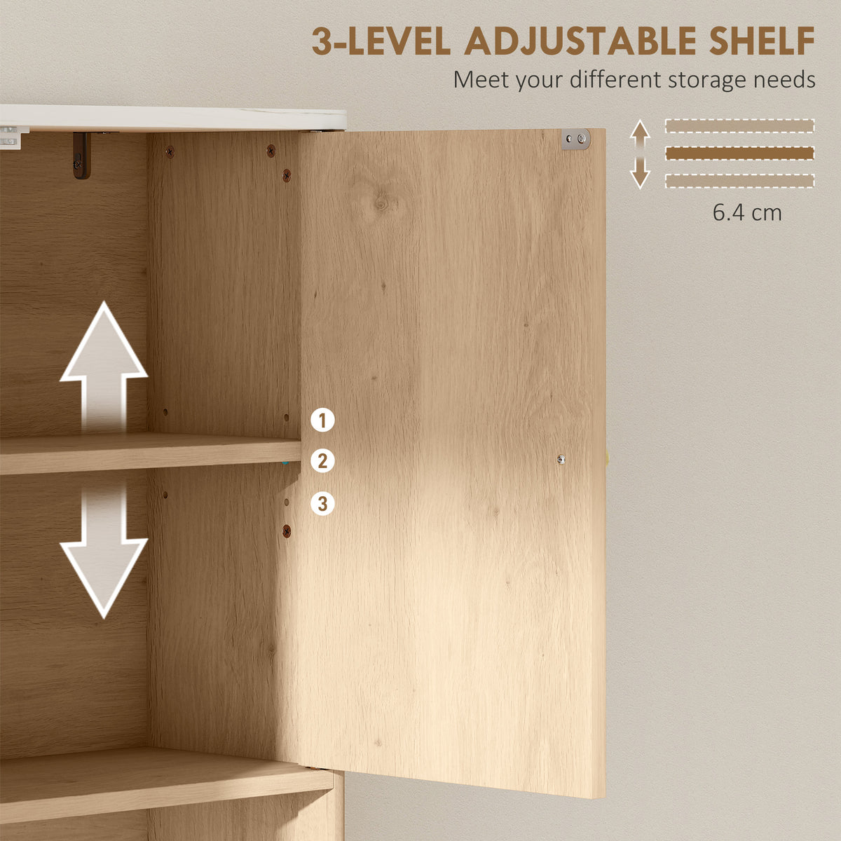 Over The Toilet Storage Cabinet with Adjustable Shelf, Open Shelf and Adjustable Bottom Bar, Oak