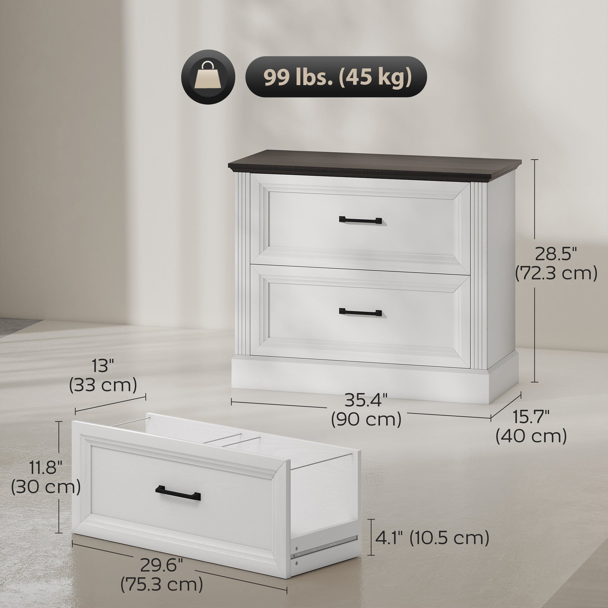 Lateral Filing Cabinet, Farmhouse File Cabinet with 2 Silent Drawers for Letter/A4/Legal Size Files, White