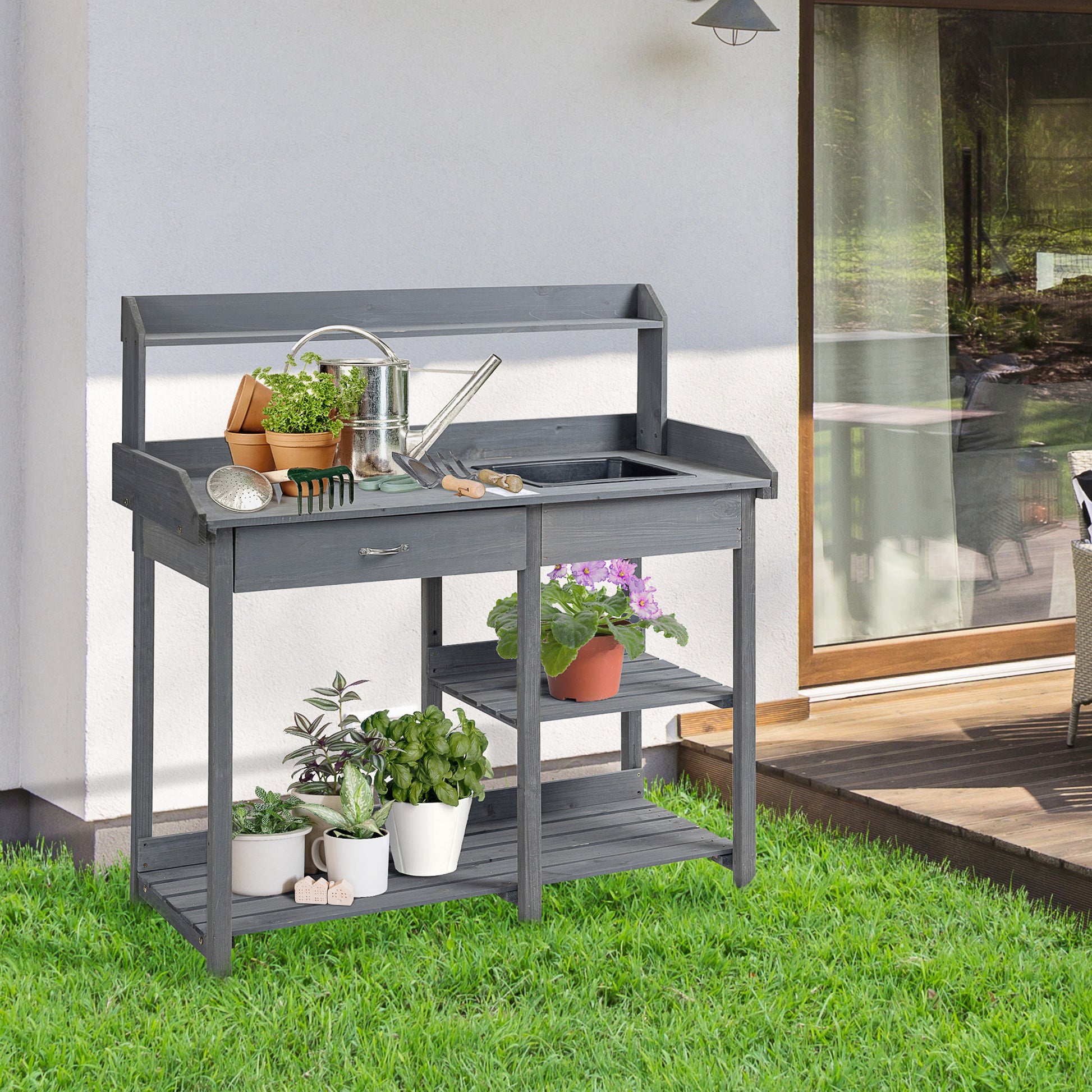 Potting Bench Table Garden Work Bench Workstation with Drawer, Removable Sink, Storage Shelves and Hooks for Patio, Cour