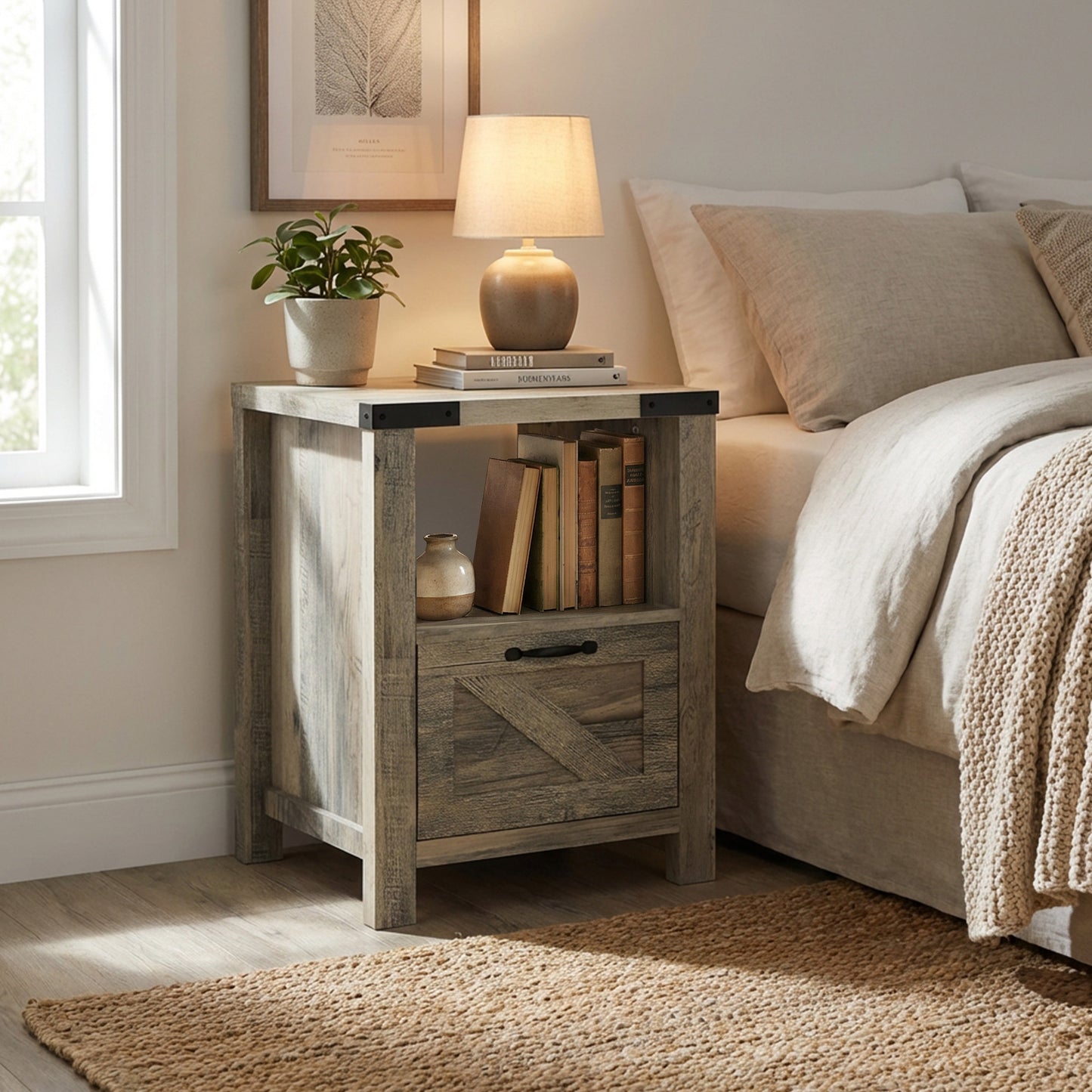 Small Side Table with Storage, Farmhouse End Table with Drawer, Open Shelf and Barn-style Panel, Nightstand for Living R