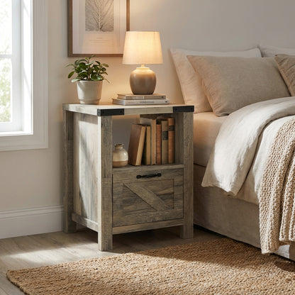 Small Side Table with Storage, Farmhouse End Table with Drawer, Open Shelf and Barn-style Panel, Nightstand for Living R