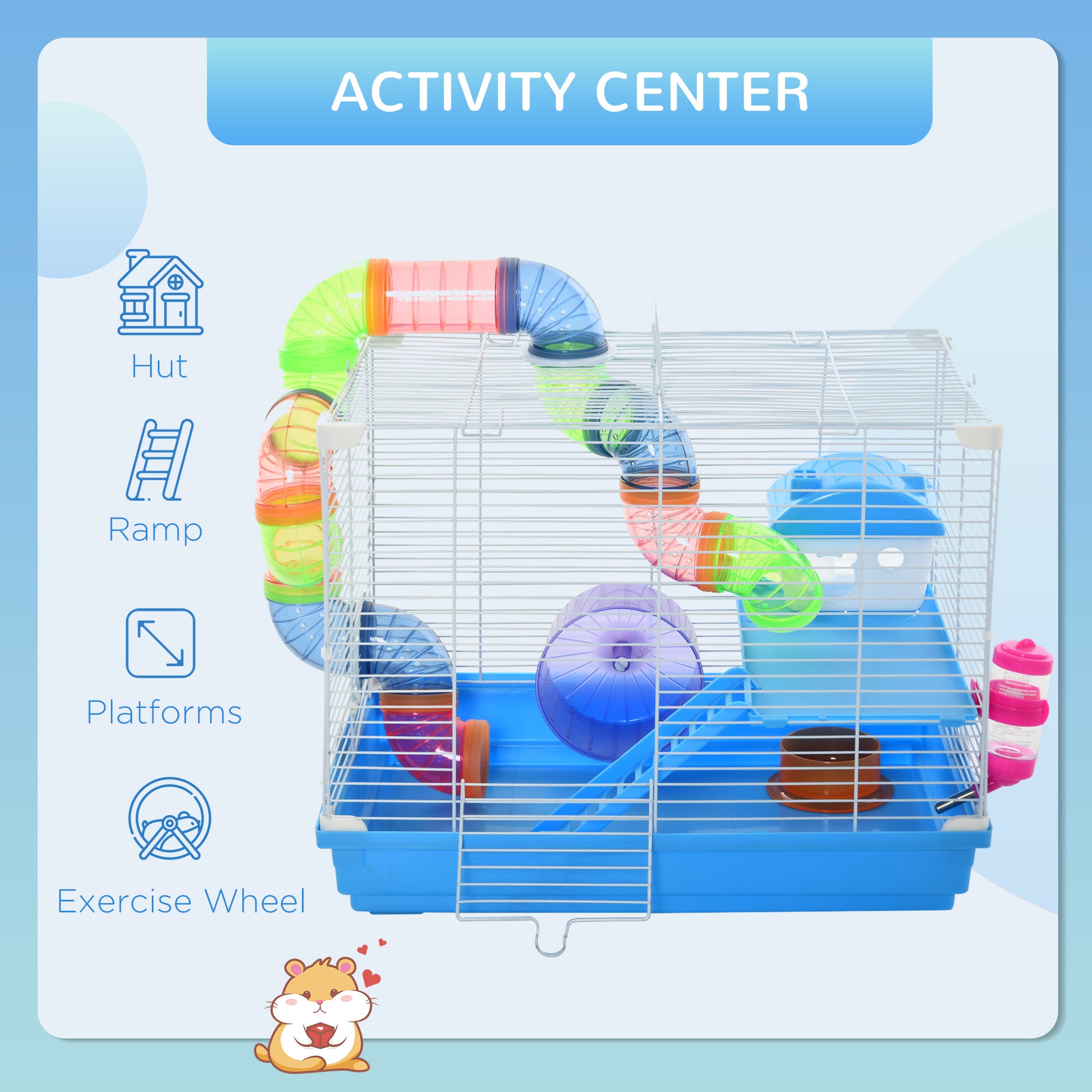 18"L Hamster Cage, Small Animal House, 2-Level Rat Gerbil Haven with Tunnel Tube System, Exercise Wheel, Water Bottle, F