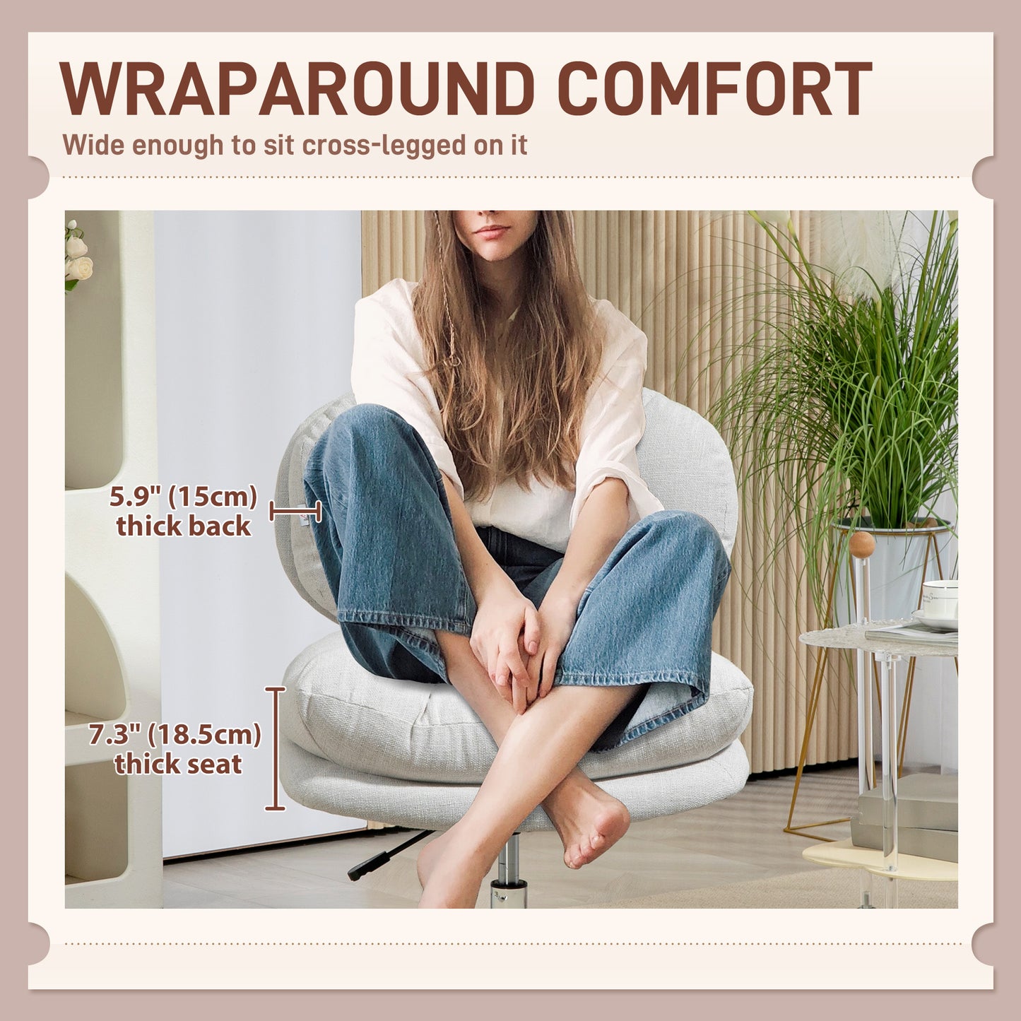 Computer Desk Chair, Armless Office Chair with Wide Padded Seat and Adjustable Height, Cream White