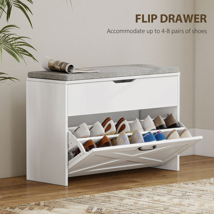 Shoe Storage Bench with Flip Drawer and Lift Top Storage, Entryway Bench with Seat Cushion for Hallway, White