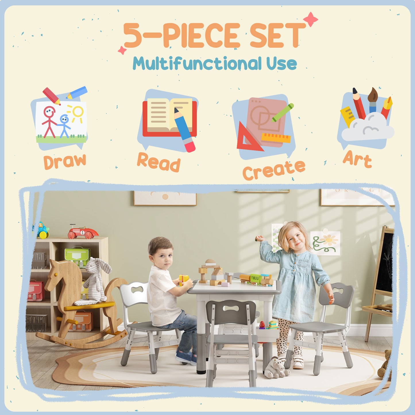 Qaba 5 Pieces Toddler Table and Chair Set, Height Adjustable Activity Table and Chair Set for Nursery Classroom, Grey