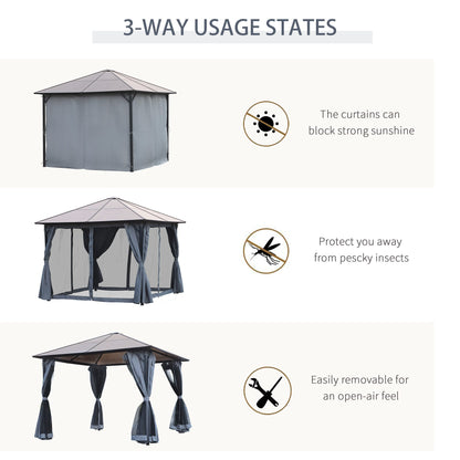 9.8' x 9.8' Garden Aluminium Gazebo Hardtop Roof Canopy Marquee Party Tent Patio Outdoor Shelter with Mesh Curtains & Si