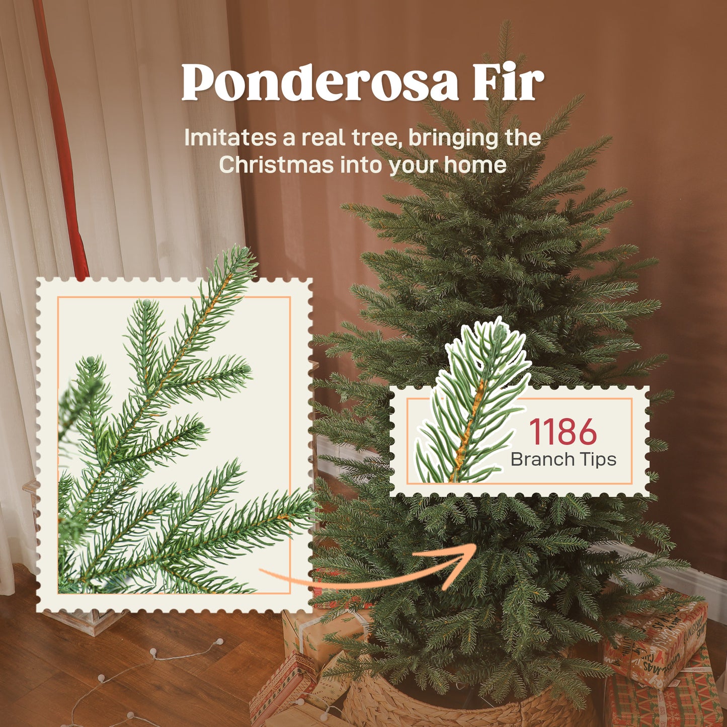 5 ft Artificial Christmas Tree with Dense Realistic Branches, Full Ponderosa Fir, Hinged Xmas Tree, Easy Assembly