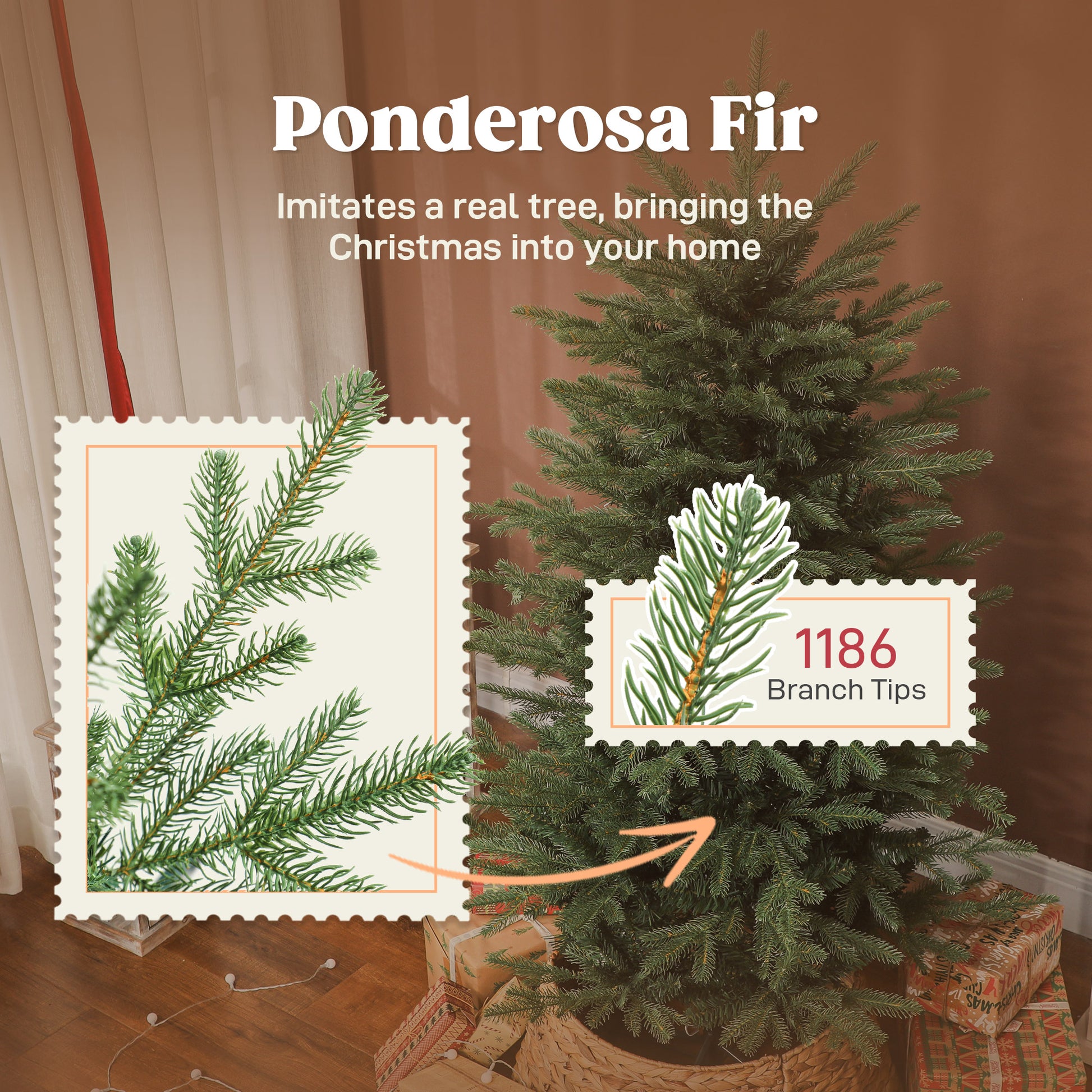 5 ft Artificial Christmas Tree with Dense Realistic Branches, Full Ponderosa Fir, Hinged Xmas Tree, Easy Assembly