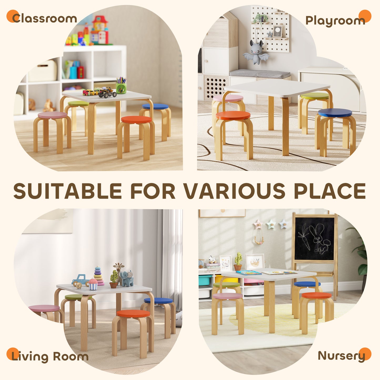 Qaba Kids Table and Chair Set, 5-Piece Children Furniture Set, Kids Table and 4 Chair Set for Daycare, Classroom, Playro
