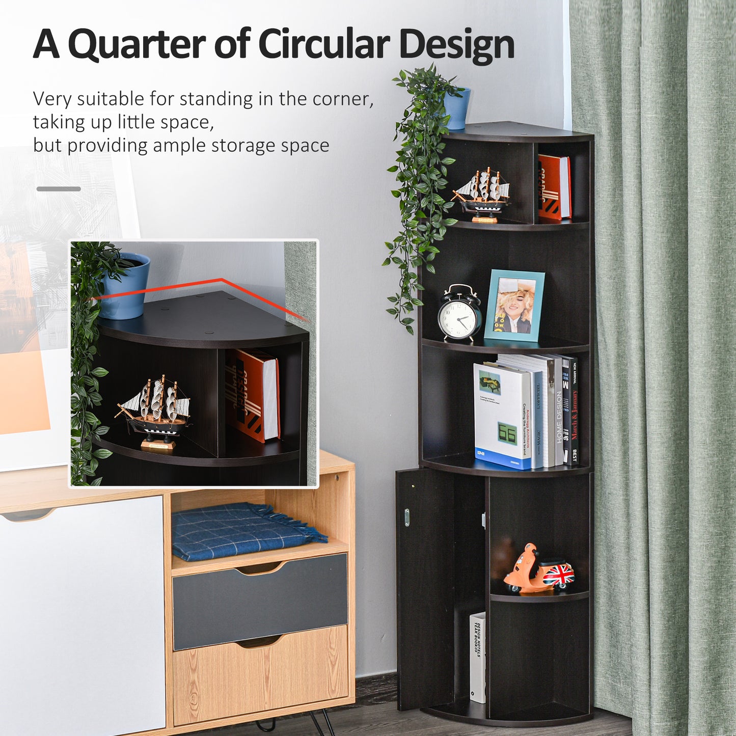 5-Tier Corner Bookcase, Storage Bookshelf, Freestanding Display Shelves with Open Compartments and Cabinet for Home Offi