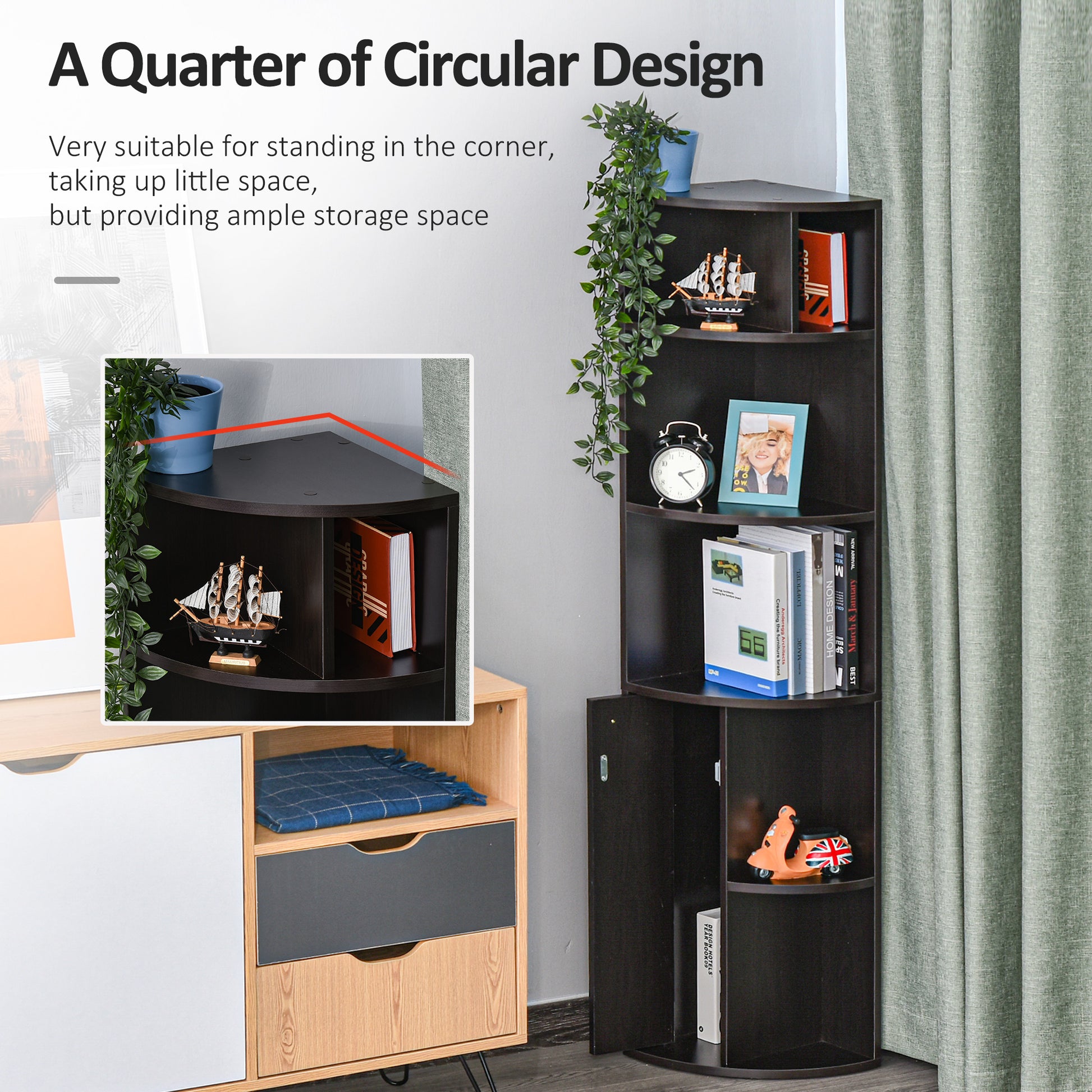 5-Tier Corner Bookcase, Storage Bookshelf, Freestanding Display Shelves with Open Compartments and Cabinet for Home Offi