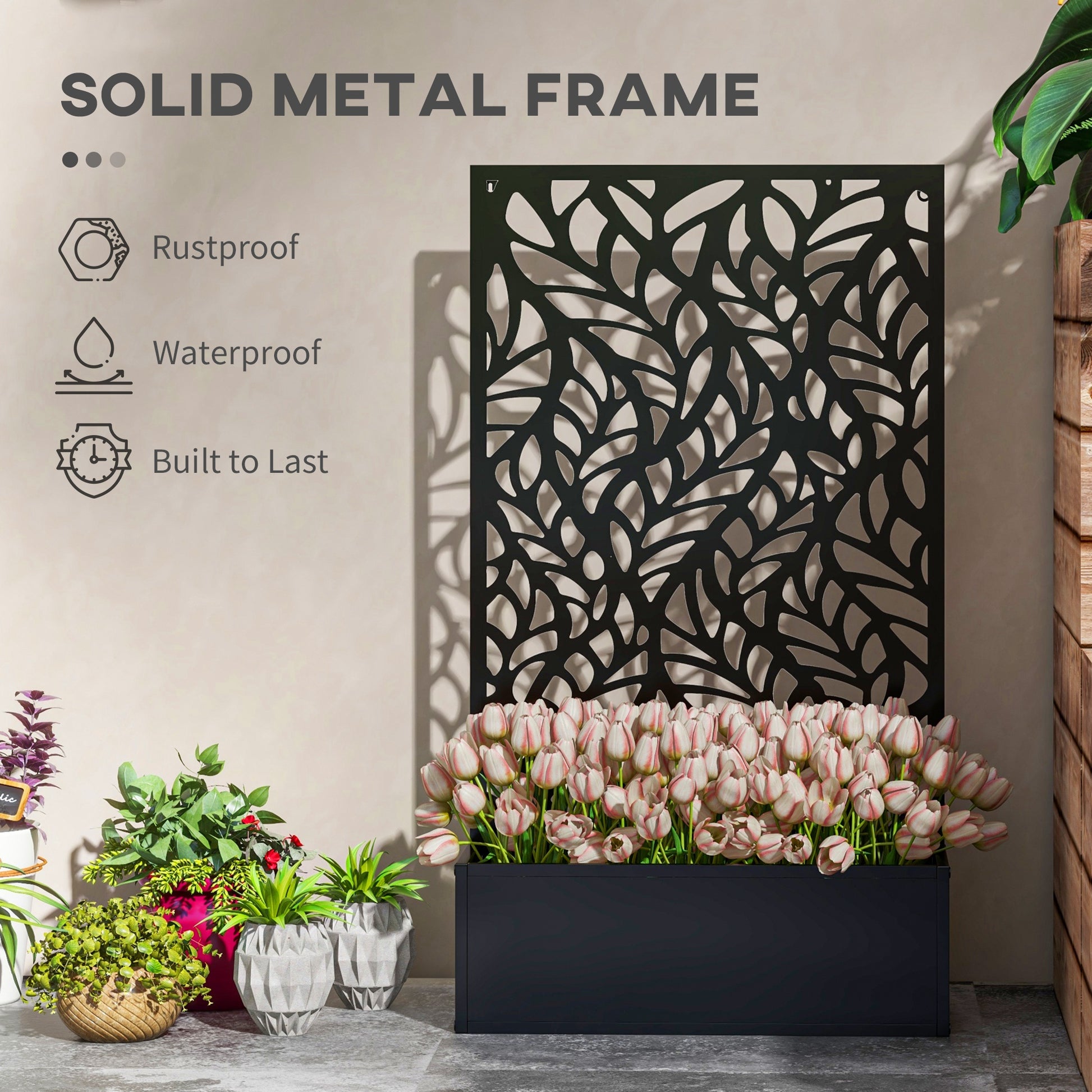 Metal Outdoor Privacy Screen with Raised Graden Bed, Privacy Panel and Planter Box, Wall-Mounted or Freestanding
