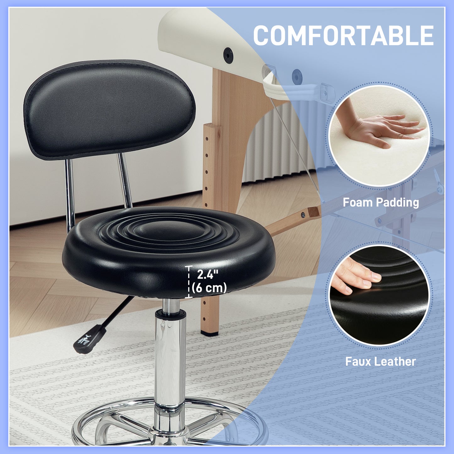 Adjustable Stool, Rolling Stool, 360° Rotate, with Backrest and Wheels, Black