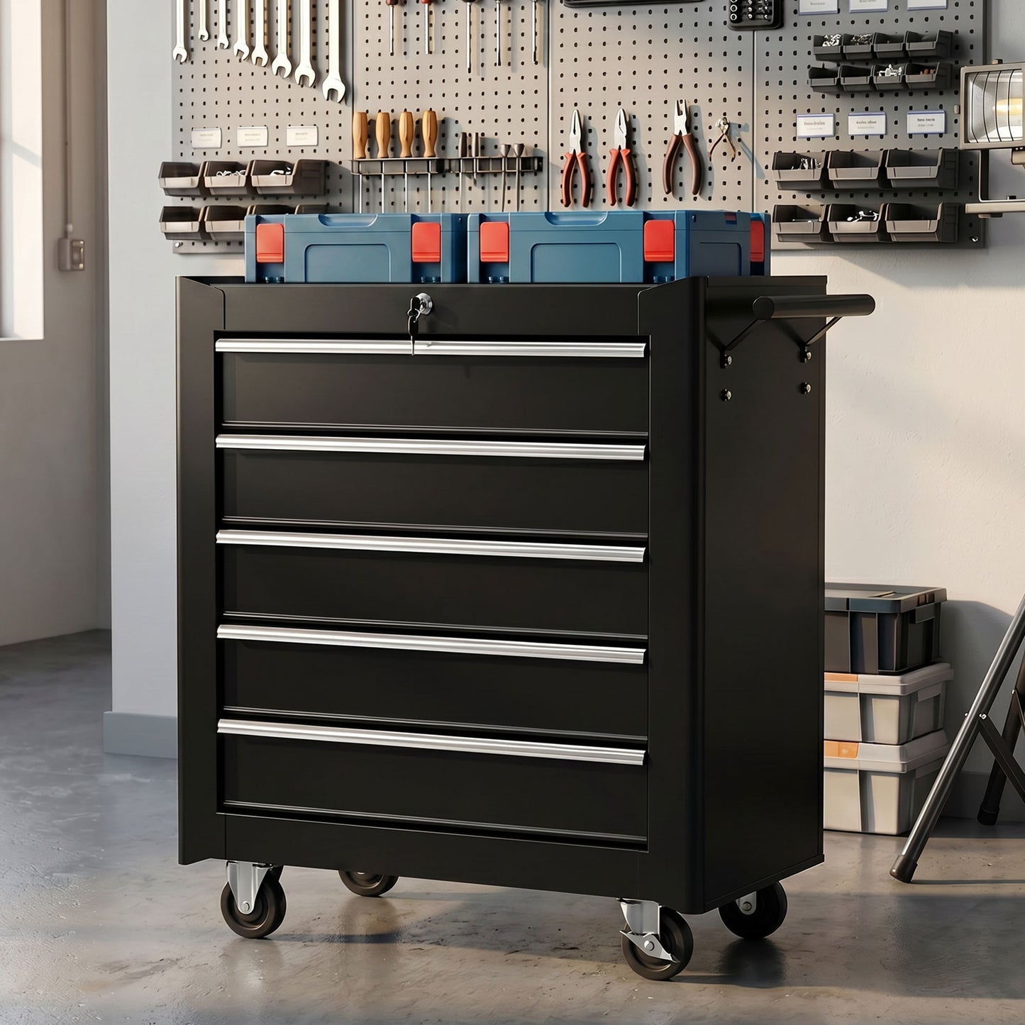 Rolling Tool Chest, 5-Drawer Lockable Tool Cabinet with 4 Wheels, Handle, Toolbox Storage Organizer for Garage, Workshop