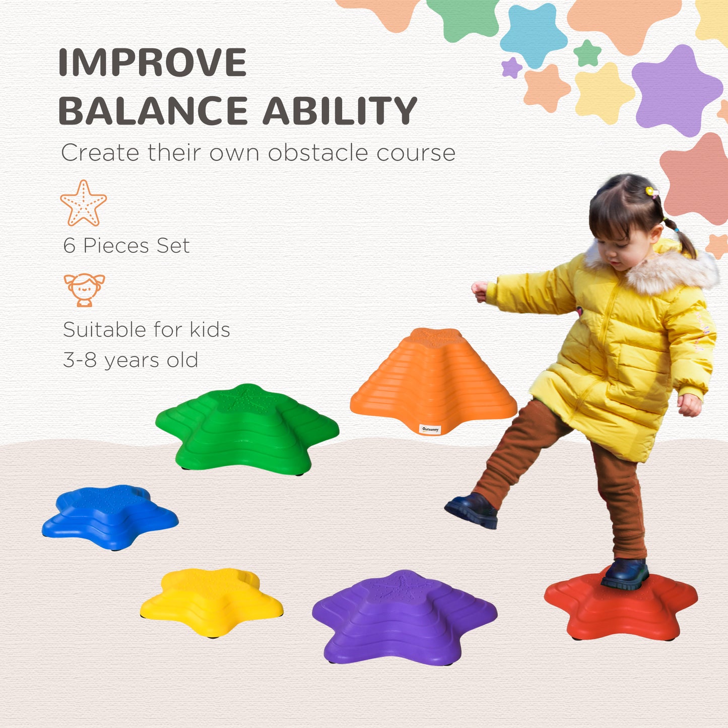 6PCs Larger Size Balance Stepping Stones for Kids with Non-slip Bottom, Stackable Obstacle Course Outdoor Indoor,  Play 