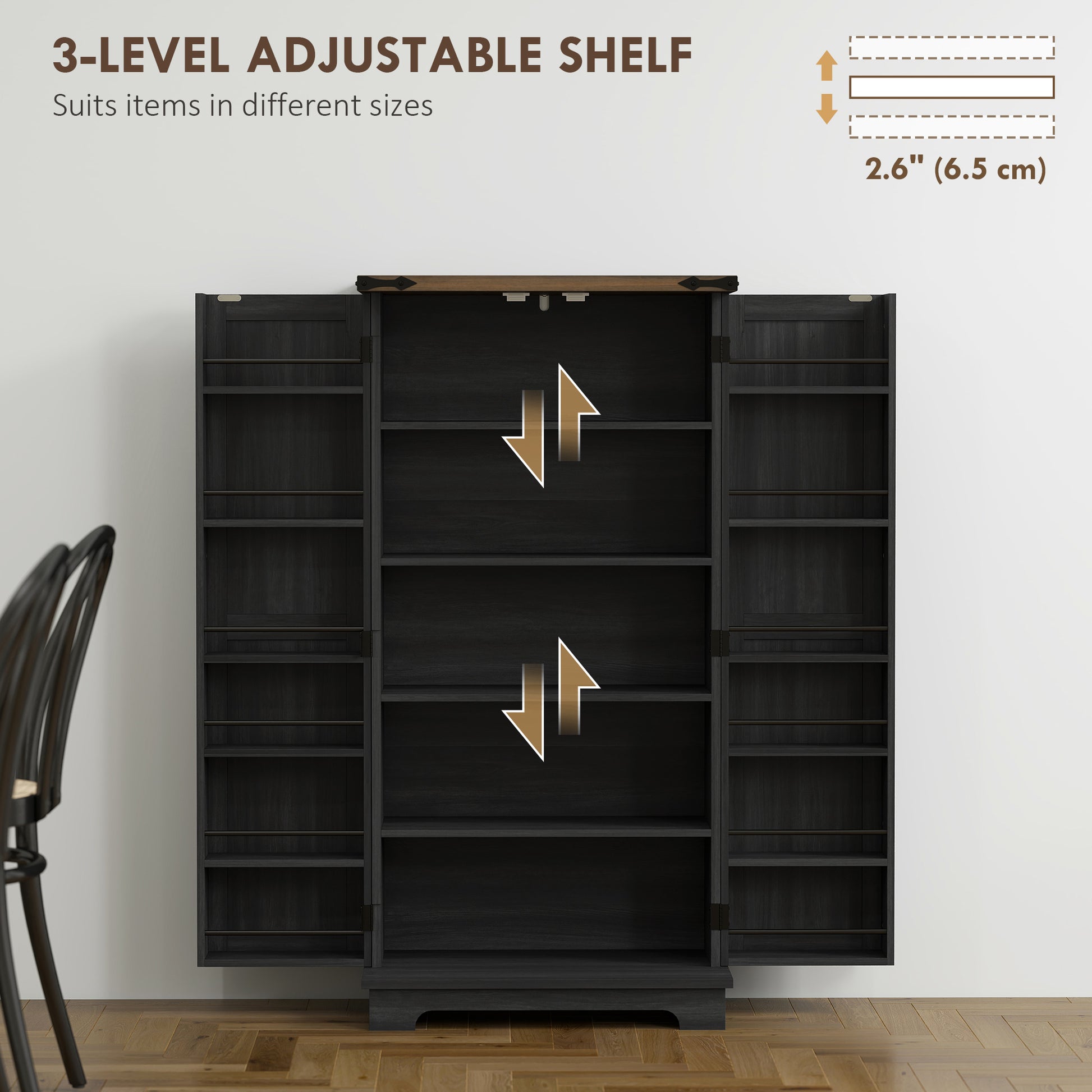 47" Kitchen Pantry Storage Cabinet, Farmhouse Kitchen Pantry Cabinet with Adjustable Shelves and Door Shelves, Black