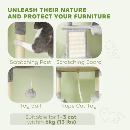 81" Large Cat Tree w/ Scratching Posts, Condos, Beds, Hammocks, Jumping Platforms, Toy Balls, Rope Cat Toy, Light Grey