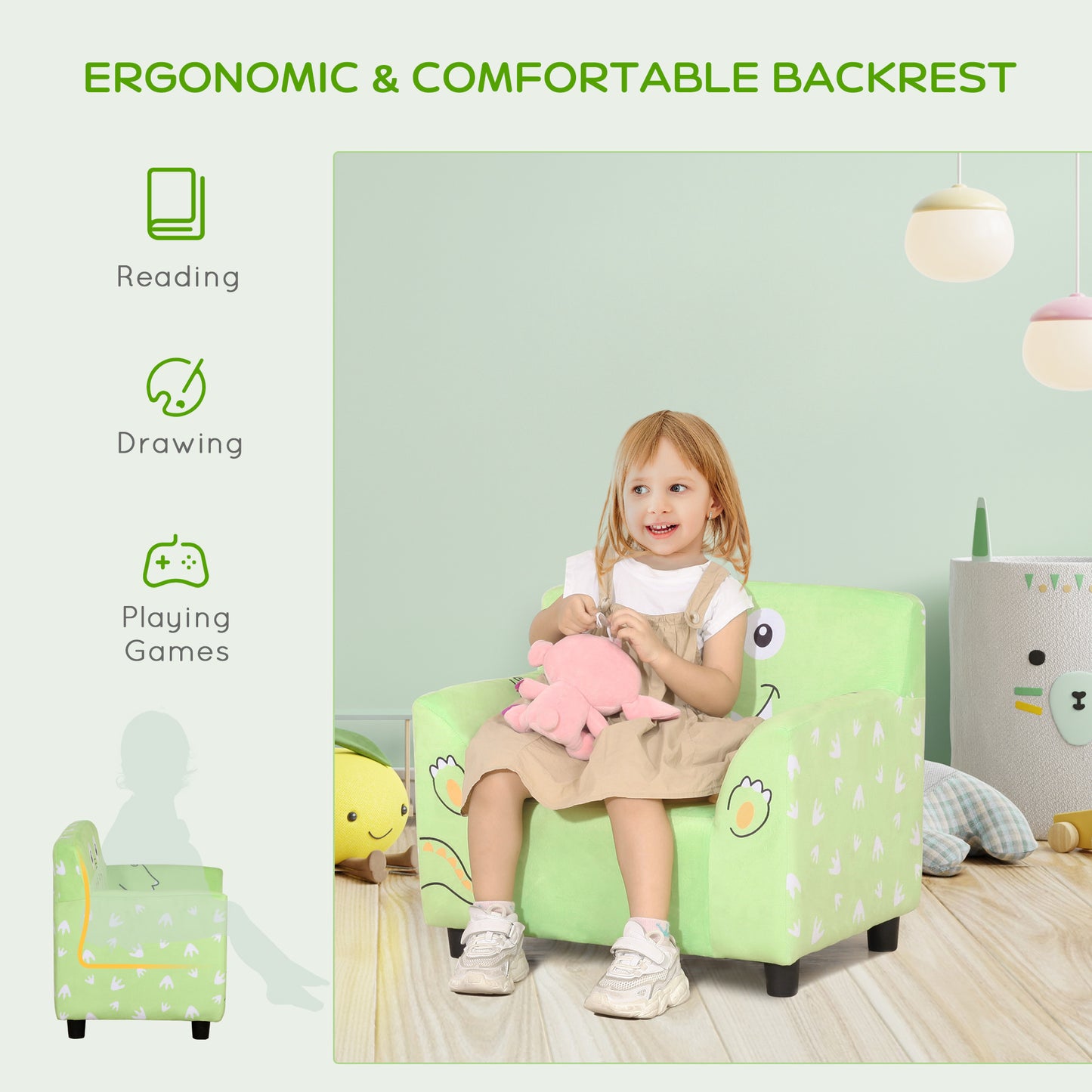 Qaba Kids Sofa, Armrest Chair for Preschool, Toddler Couch for Kids Room, Kindergarten with Cute Animal Print, Super-sof