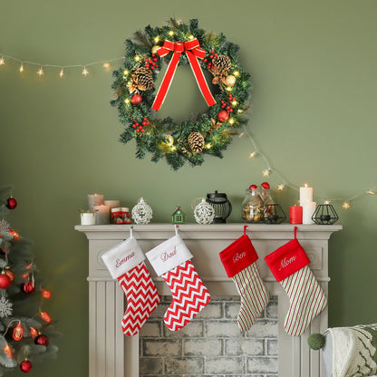 Christmas Wreath 24" Pre-Lit Artificial Greenery Xmas Spruce Wreath Cones Red Berries 20 LED Lights Battery Operated