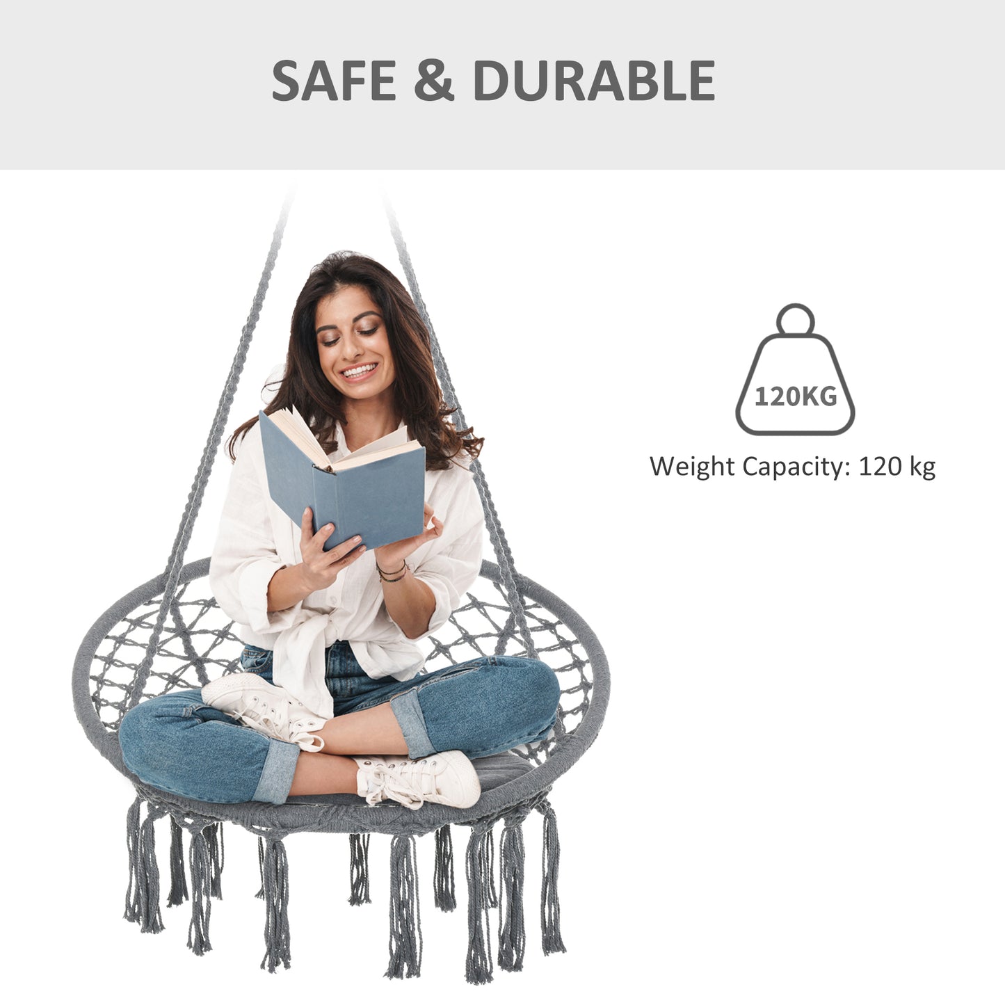 Patio Hammock Chair, Hanging Rope Hammock Swing for Indoor & Outdoor Use with Backrest, Cotton-Polyester Blend, Fringe T