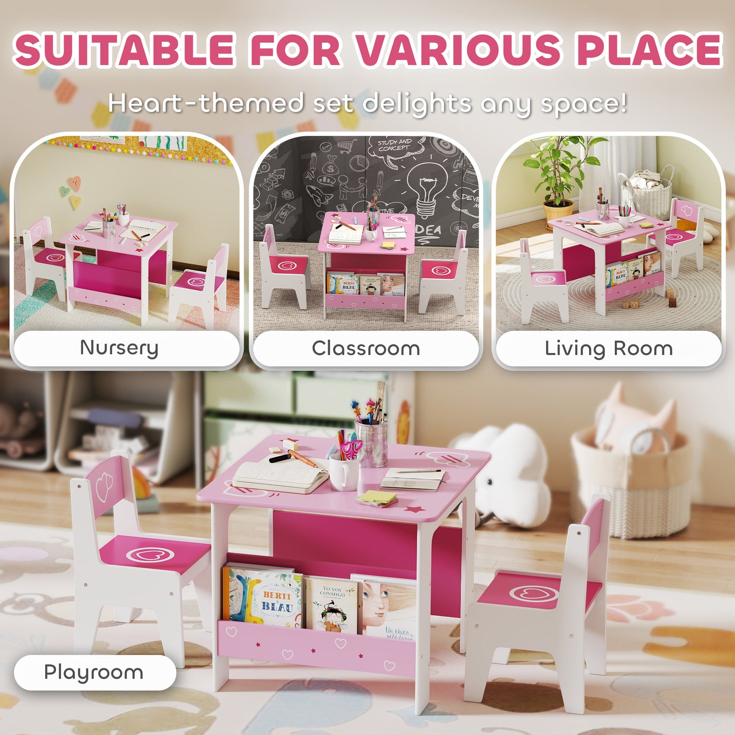 Qaba 3 Pieces Kids Table and Chair Set with Bookshelves, for Classroom, Home, Nursery, Playroom, for Read, Draw, Art, Pi