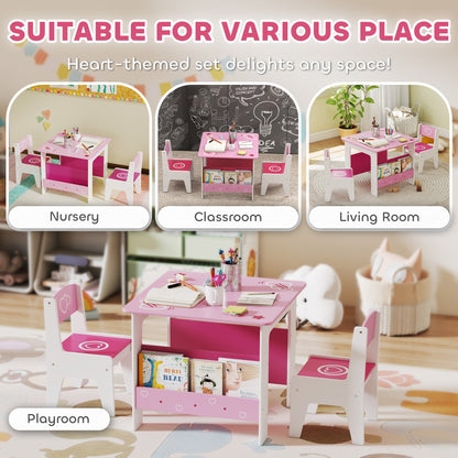 Qaba 3 Pieces Kids Table and Chair Set with Bookshelves, for Classroom, Home, Nursery, Playroom, for Read, Draw, Art, Pi