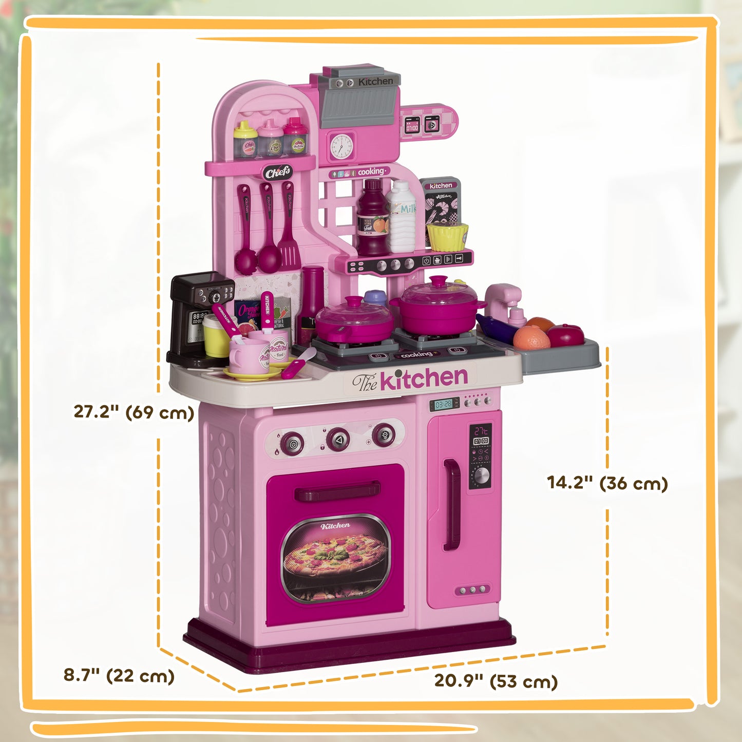 Qaba Kids Play Kitchen with Lights, Sounds, 33 Accessories & Storage for Toddler 3-6 Years