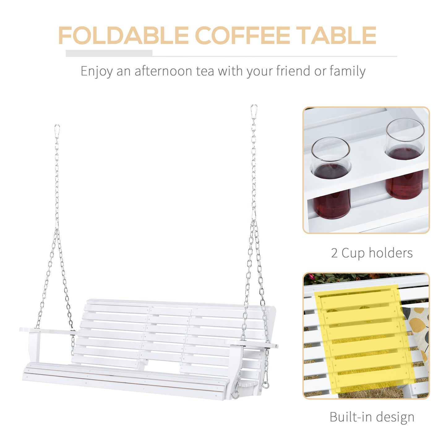 2 to 3 Seater Porch Swing Wood Patio Swing Chair Swing Bench with Foldable Table, Cup Holders, Steel Chains, White