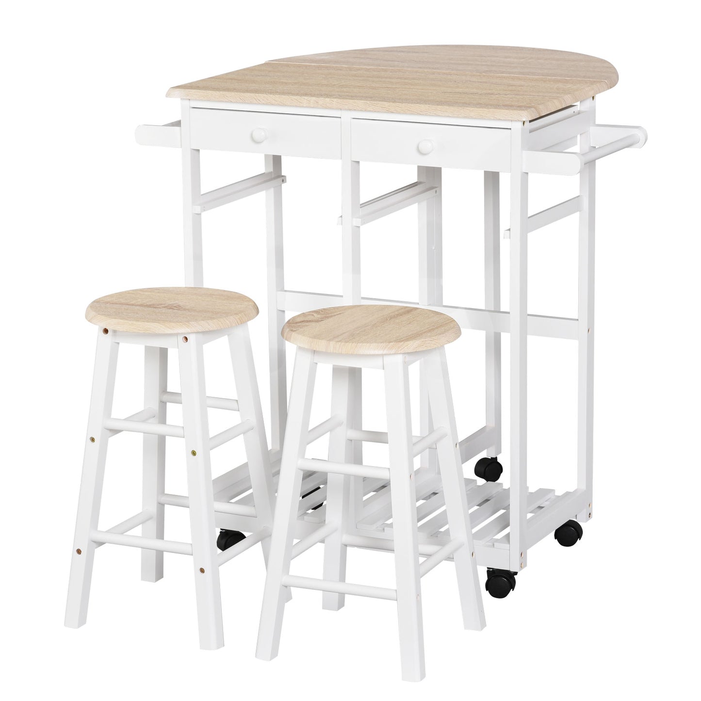 Kitchen Trolley 3 Piece Kitchen Cart Set Drop Leaf Breakfast Table and 2 Stools w/ Rolling Wheels & Towel Bars, Wood & W