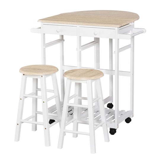 Kitchen Trolley 3 Piece Kitchen Cart Set Drop Leaf Breakfast Table and 2 Stools w/ Rolling Wheels & Towel Bars, Wood & W