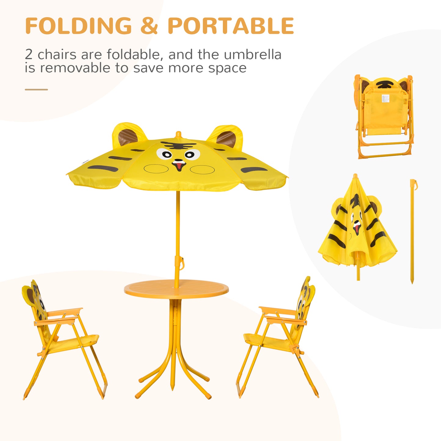 Kids Folding Picnic Table and Chair Set Pattern Outdoor Garden Patio Backyard with Removable & Height Adjustable Sun Umb