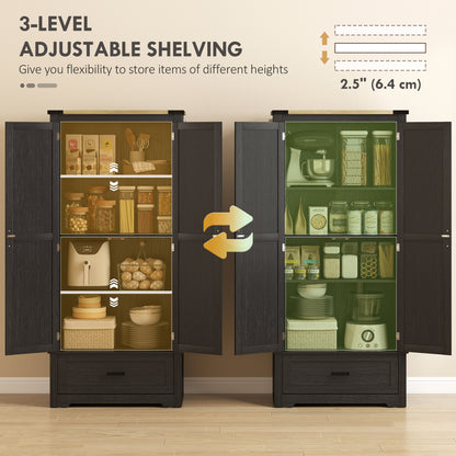 69" Tall Farmhouse Kitchen Pantry Cabinet with 2 Doors, Drawer and Adjustable Shelves, Black and Brown