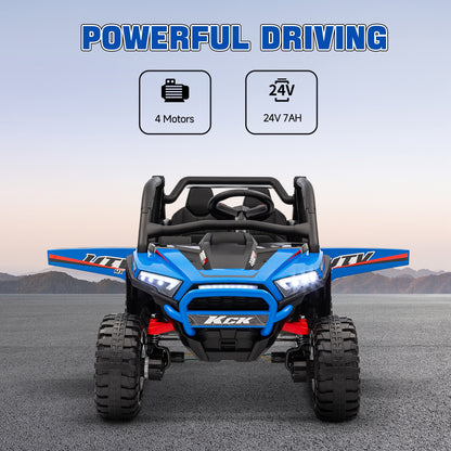 Qaba 2 Seater 24V 7AH Ride on Truck, Electric Car for Kids w/ Spring Suspension, Remote Lights, Horn, Music, Blue