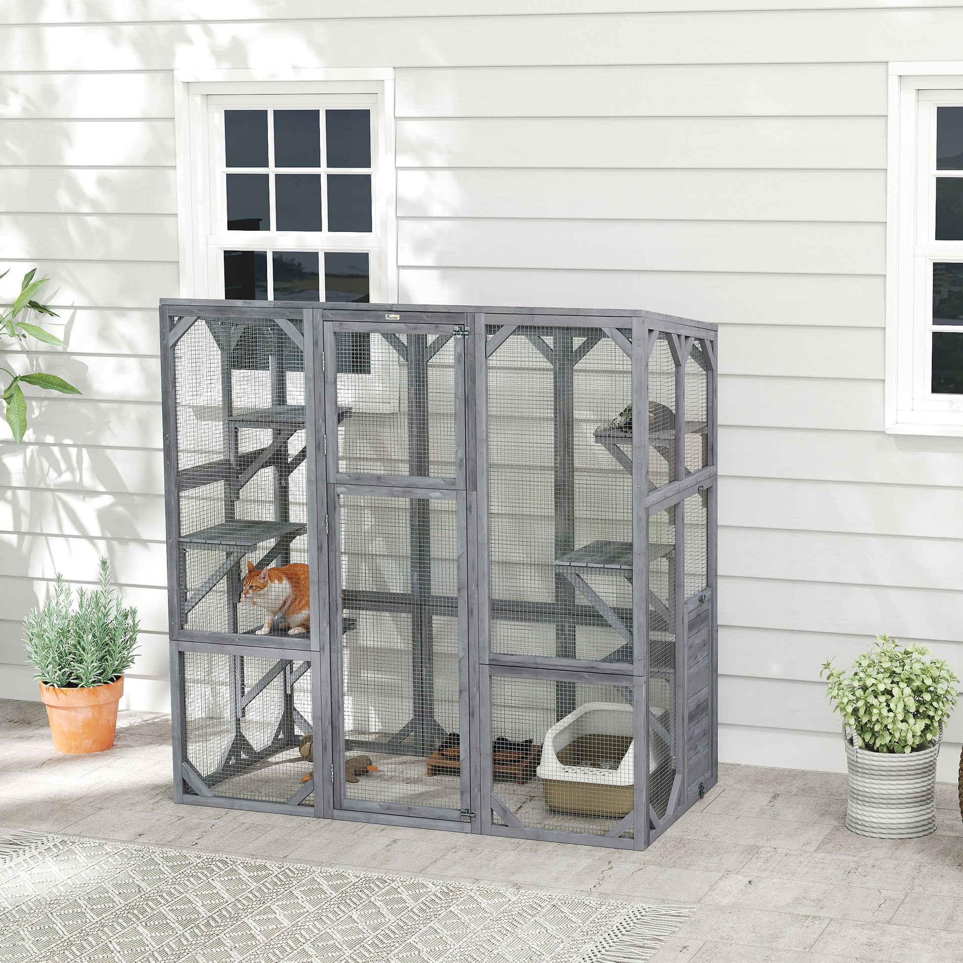 Outdoor Cat Enclosure with 6 Jumping Platforms, Weatherproof Roof, Large Front Door for 1-3 Cats, 59" x 28" x 60", Grey