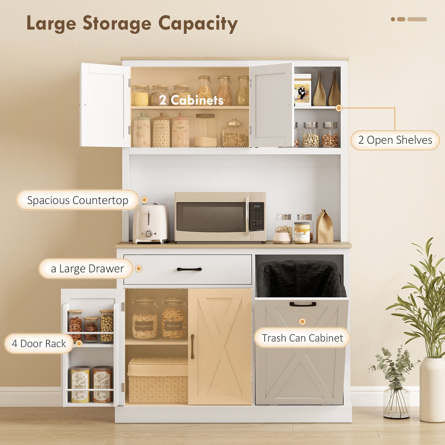 69" Pantry Cabinet with Charging Station, Kitchen Cabinet with Microwave Stand, Tilt-Out Trash Can Cabinet, White