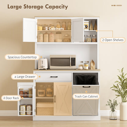 69" Pantry Cabinet with Charging Station, Kitchen Cabinet with Microwave Stand, Tilt-Out Trash Can Cabinet, White