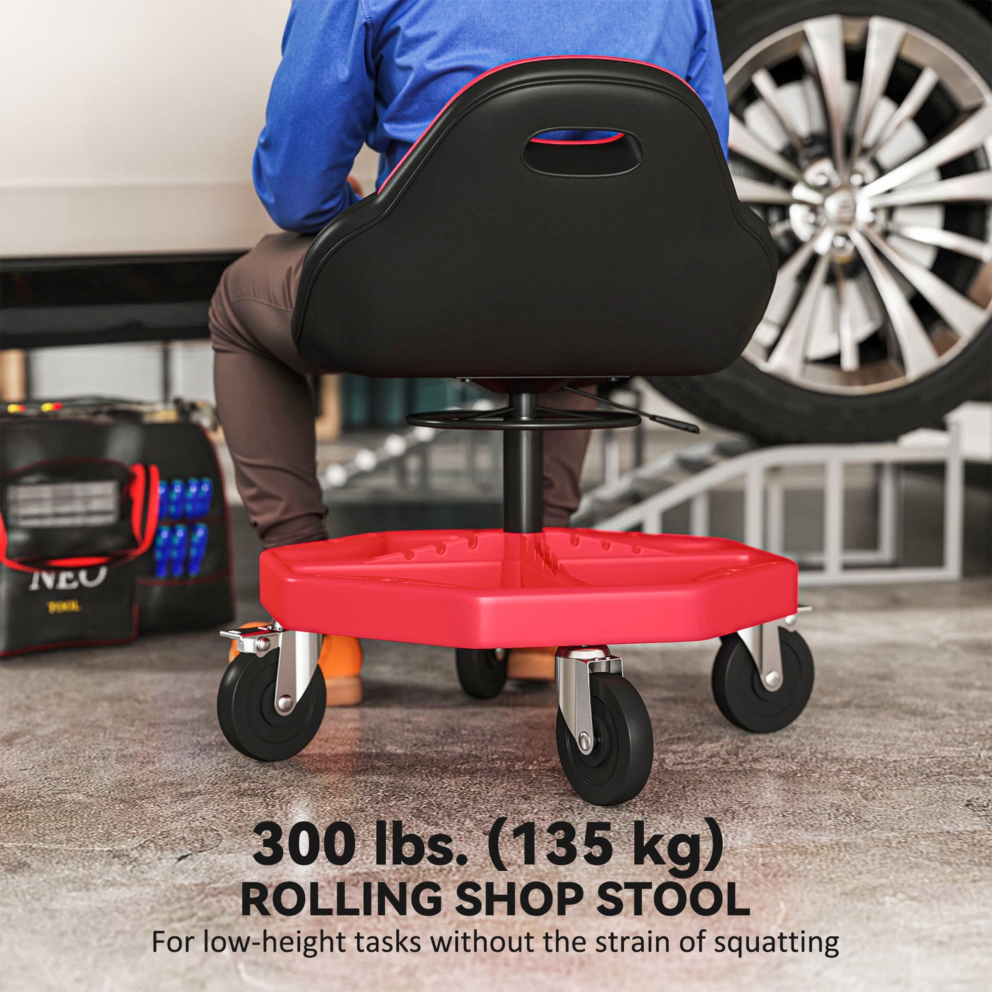 Rolling Garage Stool, 300 LBS Capacity Mechanic Stool with 5" Wheels, Tool Tray Storage, Adjustable Height, Red