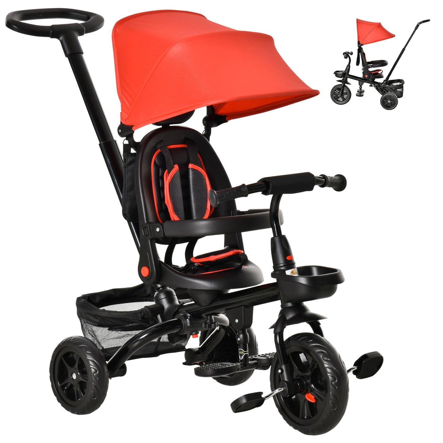 Qaba Tricycle for Toddler 5 in 1 Kids Trike, Foldable Converts Stroller to Toddler Bike, Adjustable Backrest & Curved Ca