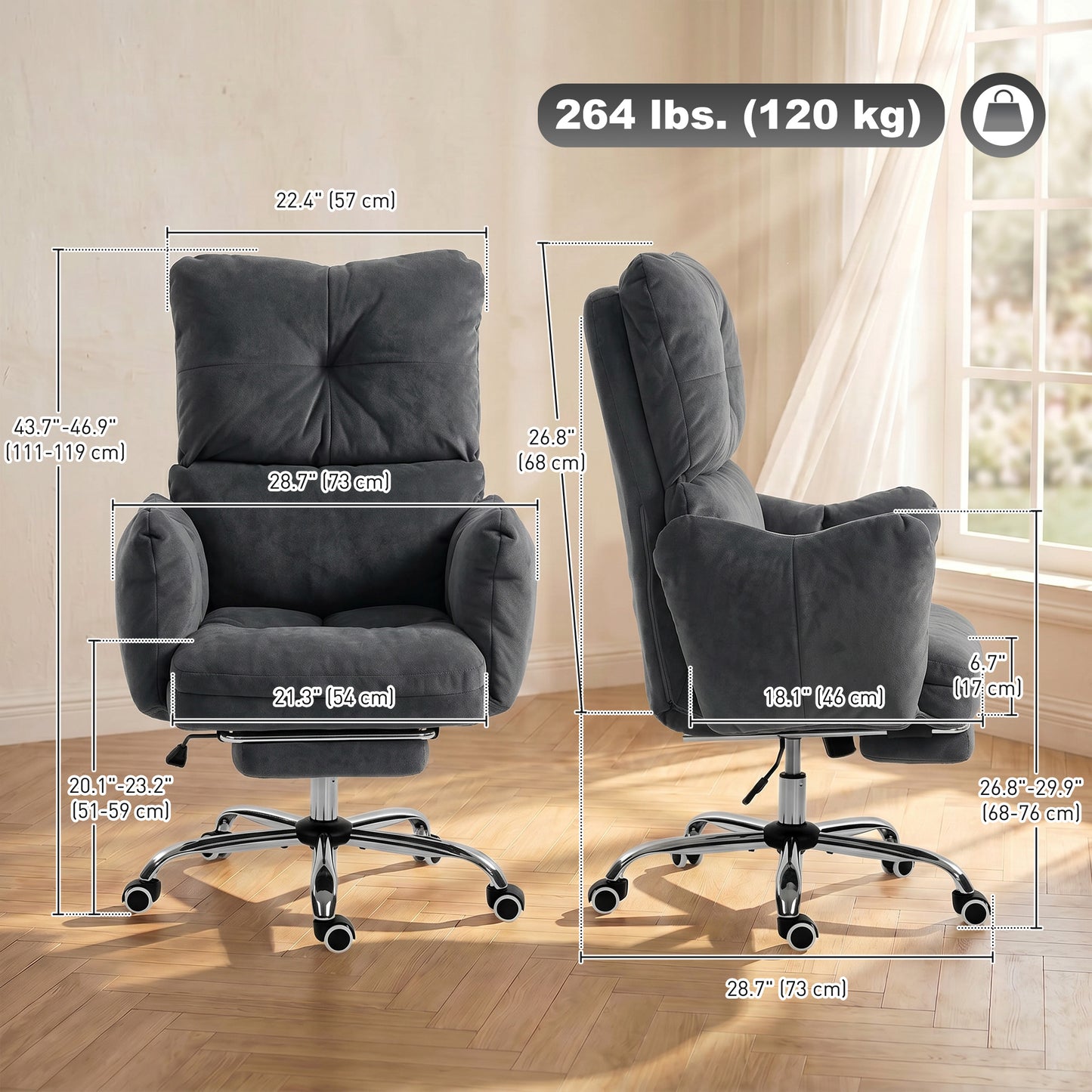 Office Chair with Foot Rest, Ergonomic Reclining Computer Gaming Chair w/ Snow Flannel Fabric, Thick Cushion, Dark Grey