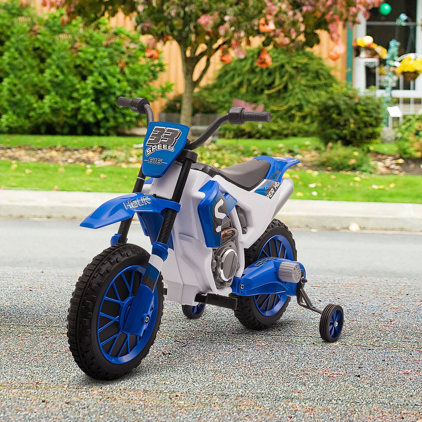 VarietyKart Kids Dirt Bike 12V Battery-Powered Ride-On Electric Motorcycle with Charging Battery, Training Wheels Blue