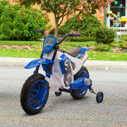 VarietyKart Kids Dirt Bike 12V Battery-Powered Ride-On Electric Motorcycle with Charging Battery, Training Wheels Blue