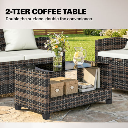 4-Piece Outdoor Wicker Patio Furniture Conversation Set, Includes Loveseat, Chairs and 2-Tier Table with Cushions, Moder